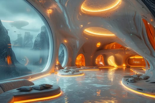 Futuristic teleportation hub with sleek design, dynamic lighting, and advanced technology.