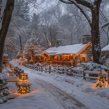 Snowy Cabin with Holiday Decorations and Warm Lights, holiday cabin oasis in a winter wonderland.