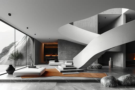 Ultra-Modern Home with Minimalist Mastery, featuring geometric shapes and monochrome design.