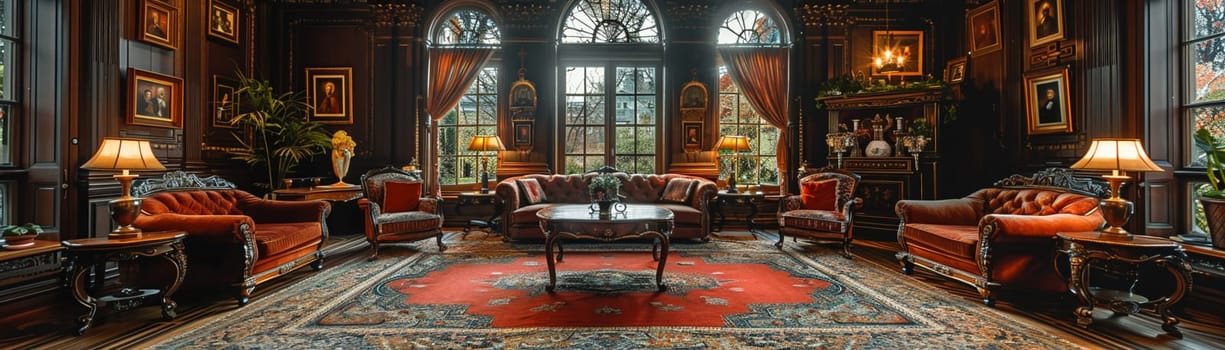 Ornate Victorian drawing room with rich textures and period furniture.