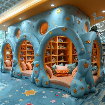 Interactive children's library with themed reading nooks and educational games.