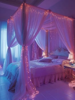 Romantic bedroom with soft lighting, sheer curtains, and a four-poster bed