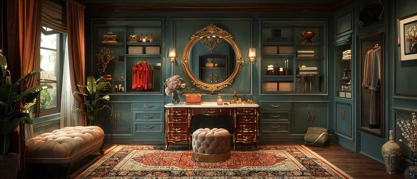 Glamorous dressing room with a vintage vanity and soft, plush rugs