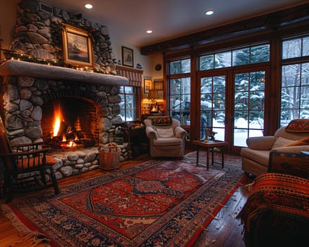 Cozy ski lodge living room with a stone fireplace and comfortable seating.
