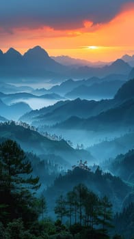 Hazy silhouette of mountains at dawn, inspiring mystery and exploration.