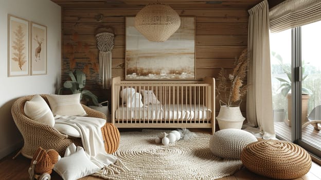 Minimalist Scandinavian nursery with natural wood, soft textiles, and muted colors.