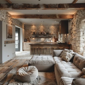 Rustic barn conversion with exposed beams and modern touches.