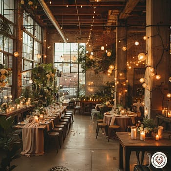 Industrial-chic wedding venue with metal beams and Edison lights.