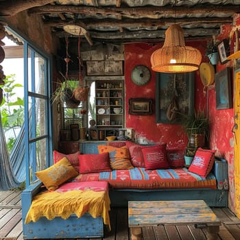 Colorful and Eclectic Decorations on Bohemian Bungalow, with outdoor hammock.