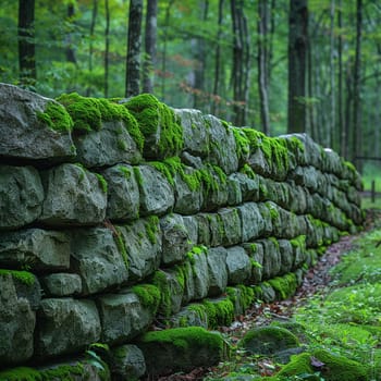 Moss-covered stone wall, symbolizing history and nature.