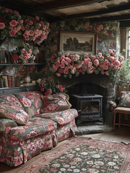 Traditional English cottage living room with floral patterns and cozy fireplace.