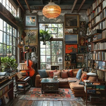 Eclectic music lounge with instruments for jam sessions, vinyl records, and bohemian decor.