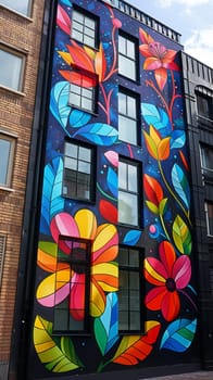 Vibrant Street Art Decorating Urban Building Exteriors, urban artistry bringing life to city walls.