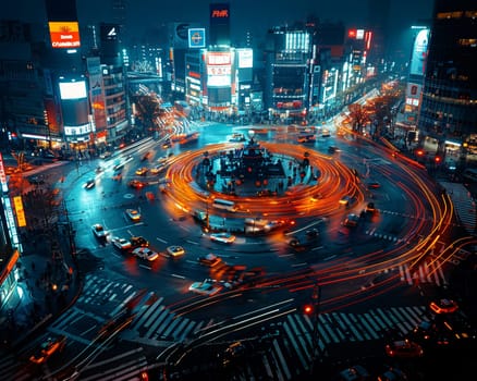 Time-lapse photography of busy intersection at night, illustrating urban life and motion.