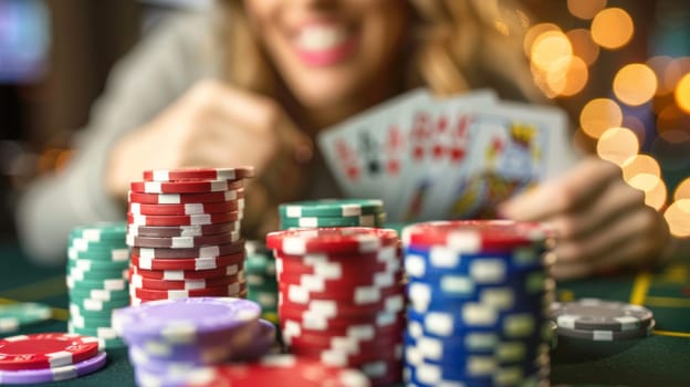 Woman winning a lot of money in the casino with a lot of earned chips in front of her. Close up view.