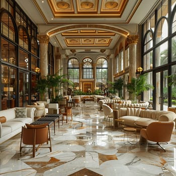 Lavish hotel lobby with marble floors, lush plants, and comfortable seating areas