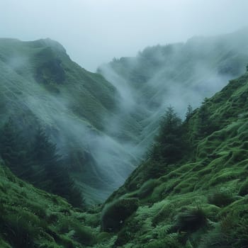 Moody landscape of fog over mountain, suggesting mystery and nature.