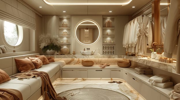 Luxurious dressing room with silk robes and a makeup vanity.