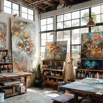 Contemporary art studio with large canvases and natural light flooding in