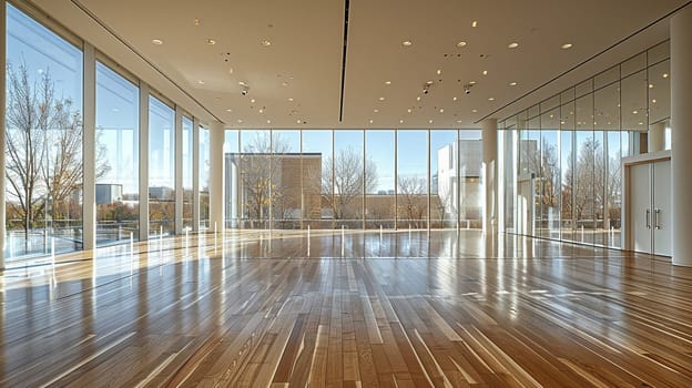 Contemporary ballet studio with mirrored walls and barres.