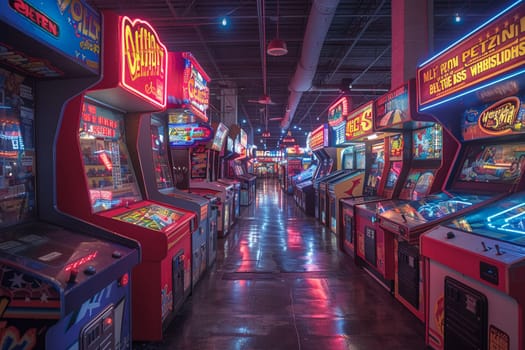 Neon-lit arcade with classic games and a snack bar.