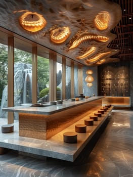 Upscale sushi bar with minimalist design and ambient lighting.