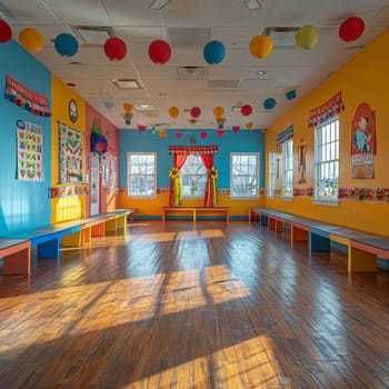 Vibrant Latin dance studio with colorful decorations and a wooden floor.