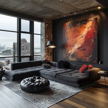 Sleek and stylish bachelor pad with modern art, state-of-the-art tech, and minimalist furniture.