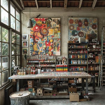 Eclectic artist's studio with vibrant artwork and a variety of materials