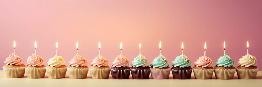 Colorful cupcakes with lit candles are displayed against a pink background, indicating an indoor celebration event marking of joy and celebrating. banner with free space.