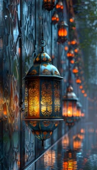 A row of street lamps crafted like glass lanterns illuminates the freezing darkness of the city in winter, creating an artistic touch in the metropolis