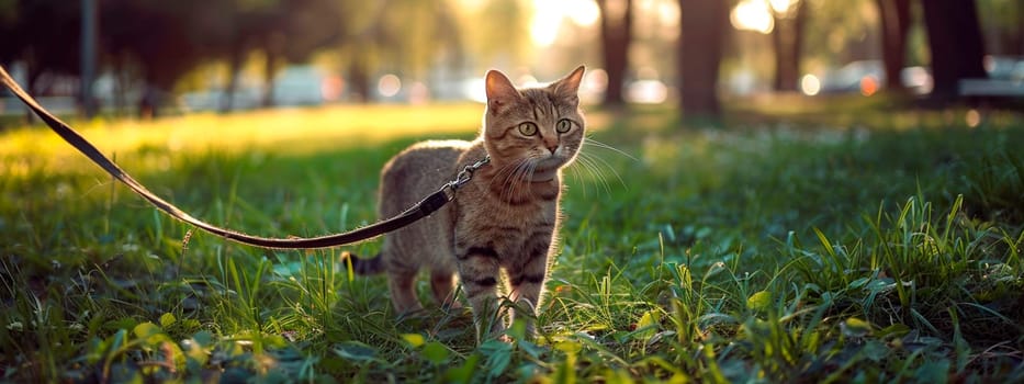the cat walks on a leash in the park. Selective focus. animal.