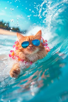 the cat swims on the surf. Selective focus. animal.