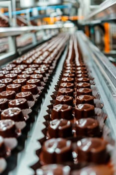 chocolate candies in the factory industry. Selective focus. food.