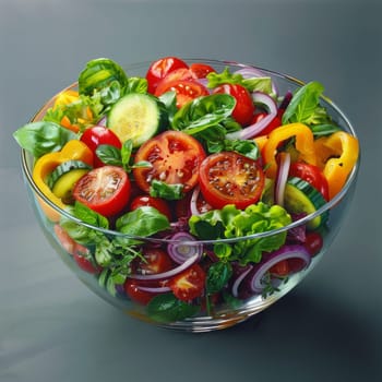 Transparent bowl of healthy salad with a variety of vegetables including tomatoes, cucumbers.