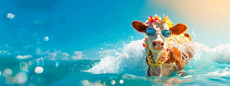 cow swims on the surf. Selective focus. animal.