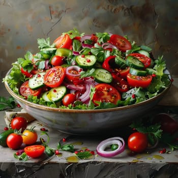 Rustic view of a bowl of salad with tomatoes, cucumbers, and onions.