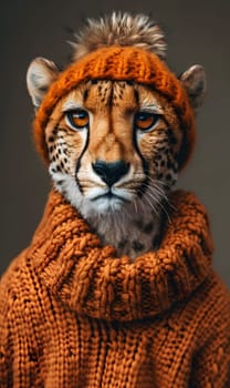 An orange cheetah, a member of the Felidae family, wearing a hat and sweater. Unlike Bengal and Siberian tigers, cheetahs are known for their speed and spotted fur