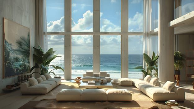 An interior designfocused living room with numerous windows offering stunning views of the ocean, capturing the beauty of the sky, clouds, water, and surrounding landscape