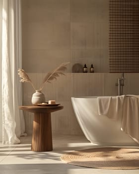 A bathroom in a house featuring a bathtub with a wooden table next to it. The hardwood floor and glass curtain add a touch of elegance to the room