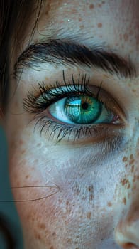 A detailed closeup of a womans electric blue iris with freckles and wrinkles, showcasing the intricate beauty of the human eye