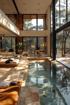 A living room with a large swimming pool in the center, surrounded by hardwood flooring and glass fixtures. The pool is made of composite materials and the ceiling is built with wood