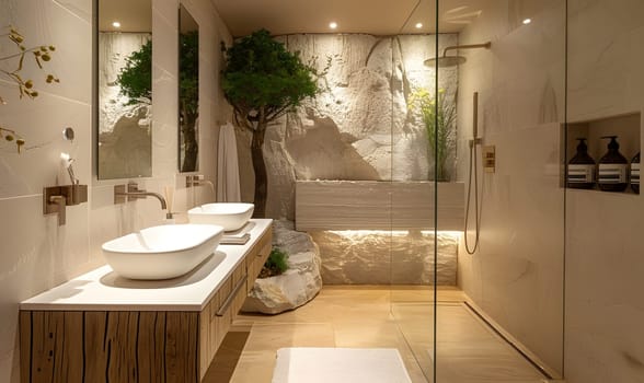 A bathroom with two sinks, a walkin shower, wood fixtures, and a plant for a touch of interior design. The floor is tiled, and the door is sleek