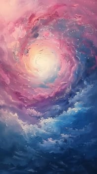 The painting depicts an astronomical object resembling a galaxy in the sky, with a vibrant mix of electric blue, magenta, and intricate circle patterns, creating an atmospheric phenomenon