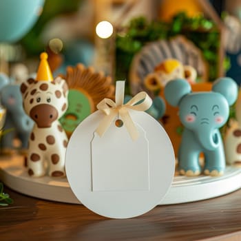 A white tag is hanging from a bow on a round white object. The white object is surrounded by other white objects, including a giraffe, a lion, and an elephant