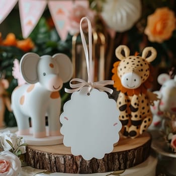 A table with a giraffe cake and other animal cakes. A white tag with the words is hanging from the cake