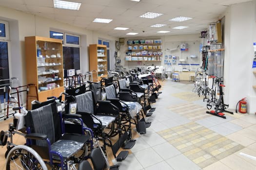 Moscow, Russia - Mar 28. 2024. Wheelchairs in the medical store in Zelenograd