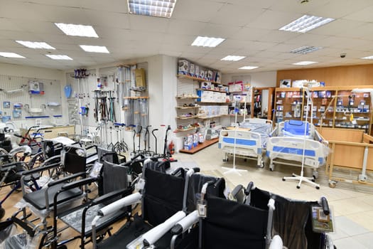 Moscow, Russia - Mar 28. 2024. Wheelchairs in the medical store in Zelenograd