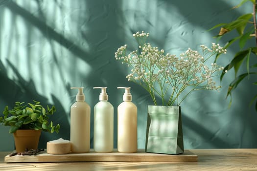 A table with three bottles of lotion and a small bag of flowers. The table is on a green wall