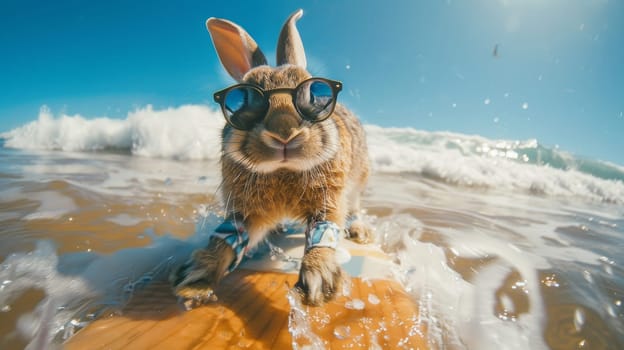 A rabbit is surfing on a yellow surfboard in the ocean. The rabbit is wearing sunglasses and he is enjoying the water